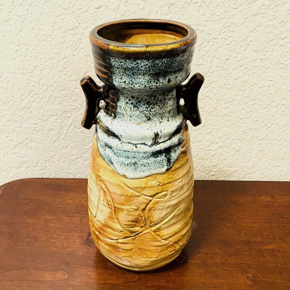 Vintage Japanese Vase with Ears 10", Ceramic Brown & Blue Glazed, Unknown Signed